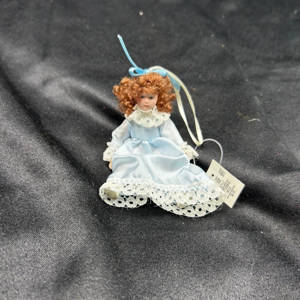 Miniature Porcelain Doll Ornament Blue Satin Lace Dress Auburn Hair Vintage Look